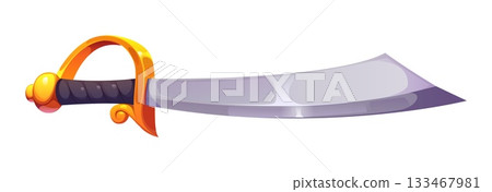 Pirate captain cartoon cutlass sword game icon. Buccaneer filibuster fantasy vector sabre, medieval sailor weapon dagger. Corsair bandit or warrior isolated sword with sharp blade and gold crossguard 133467981