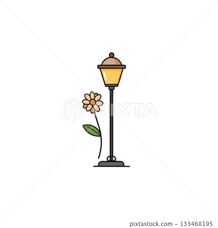 Stylized light post near a delicate daisy illustration showcasing whimsical charm minimal color Stylized light post near a delicate daisy illustration showcasing whimsical charm minimal color 133468195