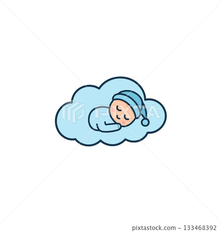 Serene infant slumbering peacefully upon a fluffy blue cloud illustration conveying innocence 133468392