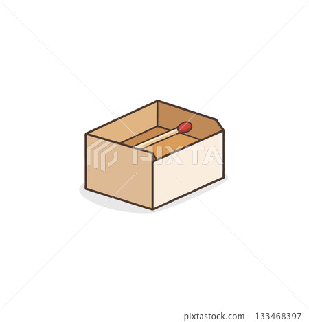 Minimalist illustration showcasing a single matchstick inside an open box resting against a simple Minimalist illustration showcasing a single matchstick inside an open box resting against a simple 133468397