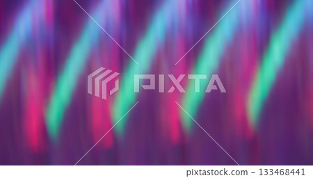 Blur line leak. Neon glow. Purple green bright fractal striping luminescent pattern on dark abstract background. Prism color art ray effect. 133468441