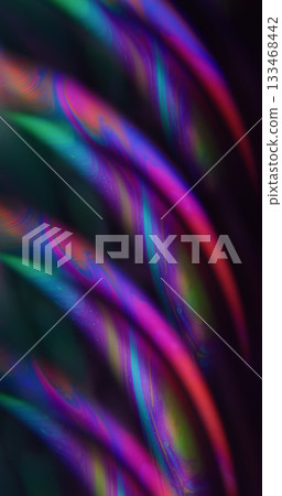 Defocused oil drop. Ink blend. Green pink blue color round texture acrylic curve bubble floating on abstract dark black creative neon art background. 133468442
