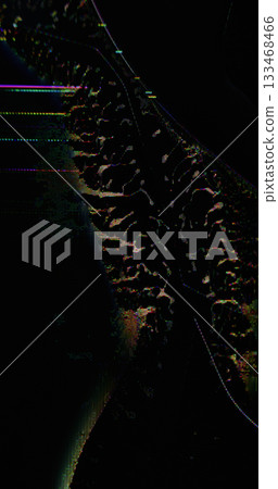 Digital glitch blur. Computer display crash. Colorful fluid flow on black shimmering abstract background cracked glass artifacts device. 133468466