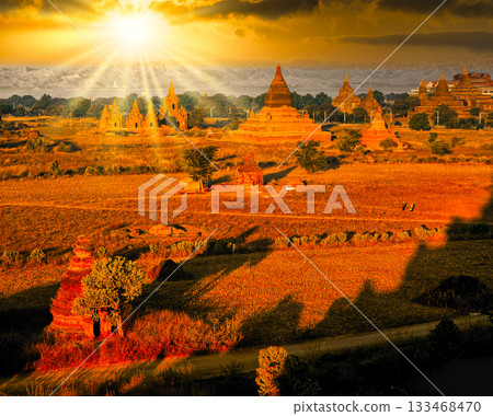 Beautiful sunset view of Old Bagan ruins in Myanmar 133468470