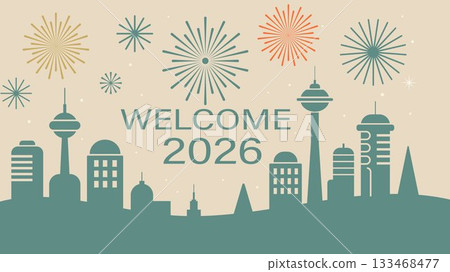 Welcome 2026 with Fireworks in City Skyline Retro Style 133468477