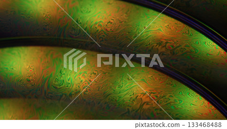 Blur dye blend. Substance flow. Defocused orange green neon colorful curve bubble ink water curve wet texture floating on acrylic art background. 133468488