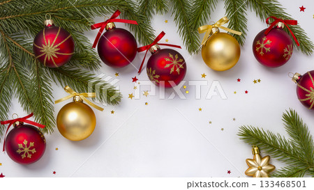 A Christmas frame of fir branches and red and gold baubles on a white background. New Year and Christmas concept. A Christmas frame of fir branches and red and gold baubles on a white background. New Year and Christmas concept. 133468501