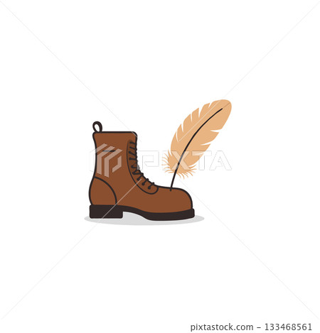 Depiction of contrasting elements: the sturdy work boot juxtaposed with the light feathery quill Depiction of contrasting elements: the sturdy work boot juxtaposed with the light feathery quill 133468561