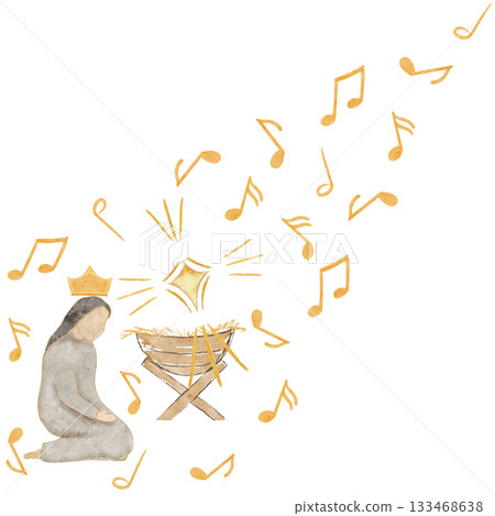 Christmas scene with soft divine light, gold accents and a graceful kneeling figure. Refined watercolor perfect for luxury cards, elegant winter stationery, faith collections, premium holiday designs 133468638