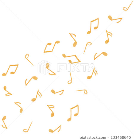 Music notes in warm golden tones, painted with soft texture in diagonal flow upward. Watercolor clip art with a festive, joyful atmosphere, perfect for Christmas projects, invitations, crafts, decor 133468640