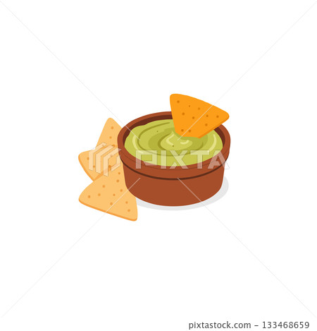 Delightful depiction of creamy guacamole in a brown bowl served with crunchy tortilla chips for Delightful depiction of creamy guacamole in a brown bowl served with crunchy tortilla chips for 133468659