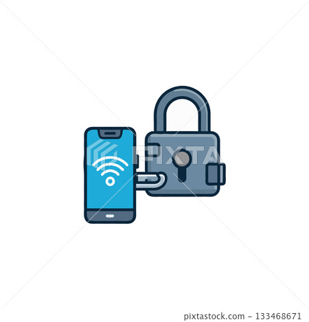 Wireless connectivity safety represented by smartphone linking with a digital padlock representing 133468671