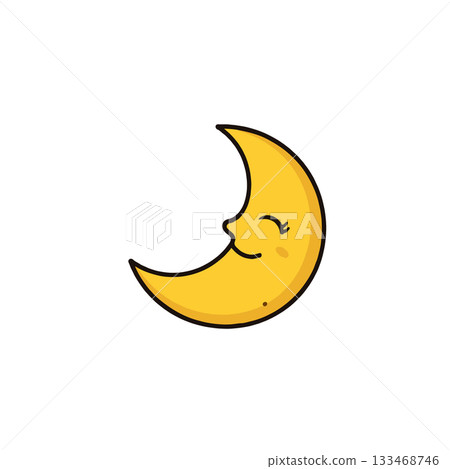 A charming crescent moon character with a serene smile radiating celestial warmth and whimsical A charming crescent moon character with a serene smile radiating celestial warmth and whimsical 133468746