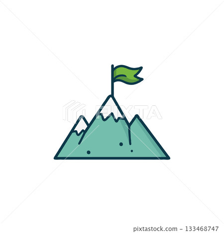 Illustrated mountain peak with waving flag conveys achievement, challenges conquered, and 133468747