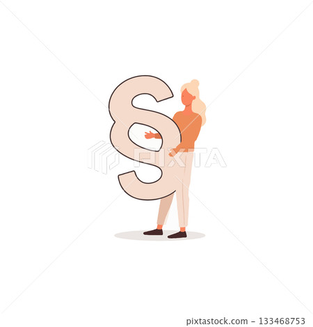 Conceptual illustration of woman embracing a large paragraph symbol representing legal matters and Conceptual illustration of woman embracing a large paragraph symbol representing legal matters and 133468753