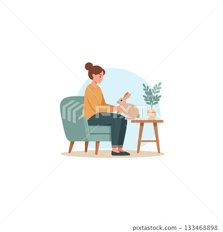 Woman bonding with her pet rabbit in a cozy interior space creating a feeling of companionship 133468898