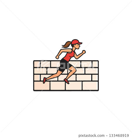 Focused female athlete running over brick wall depicting obstacle course success challenge 133468919