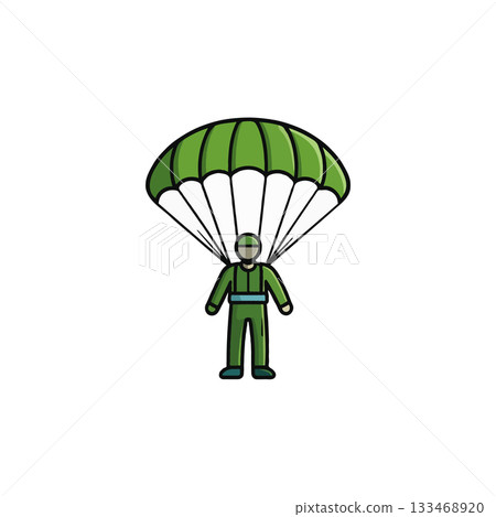 Depiction of a paratrooper descending, gracefully gliding through the open sky with a parachute 133468920