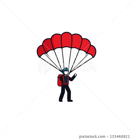 Illustrative skydiver descends with crimson parachute against cloudless backdrop displaying 133468921