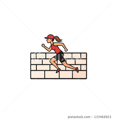 Determined woman hurdle run over brick wall illustration in athletic challenge demonstrating Determined woman hurdle run over brick wall illustration in athletic challenge demonstrating 133468923