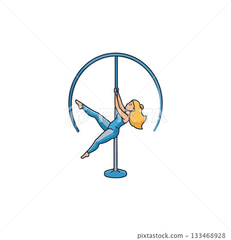 Female athlete performing dynamic aerial dance on a circular frame artistic expression of strength 133468928