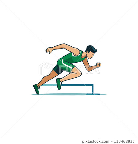 Athletic runner training in green sportswear jumping over hurdle during a speed workout 133468935