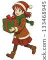 Girl in Santa costume holding a Christmas gift 133468945