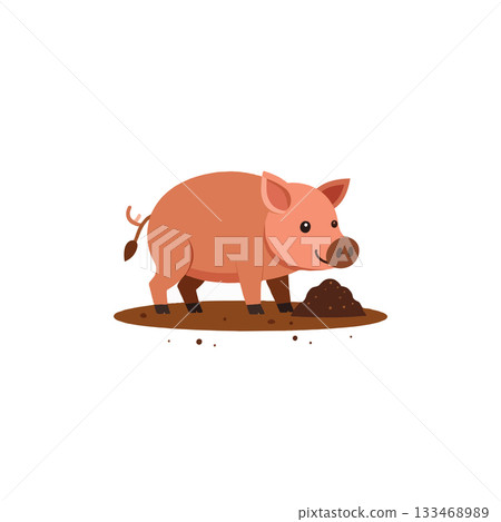 Whimsical piglet exploring soil mound in cartoon style against plain backdrop inviting creative Whimsical piglet exploring soil mound in cartoon style against plain backdrop inviting creative 133468989