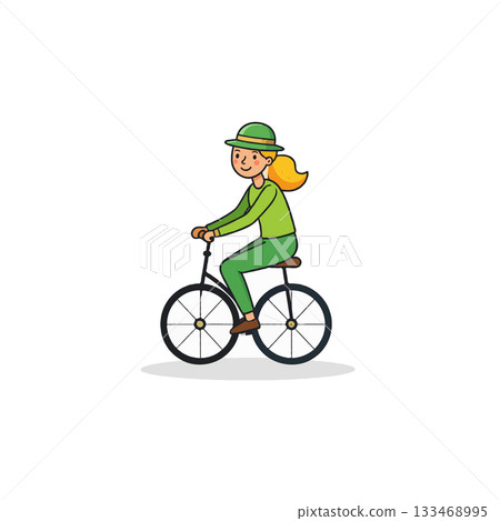 A young woman riding a bicycle happily and wearing a cute hat and green clothes looks happy A young woman riding a bicycle happily and wearing a cute hat and green clothes looks happy 133468995