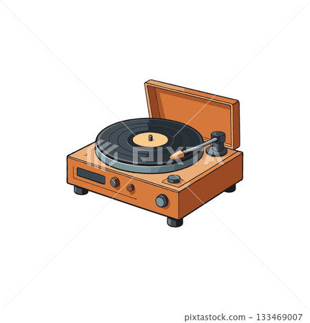 Vintage music enjoyment presented through a warm hued turntable illustration promising analog 133469007