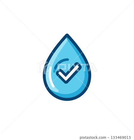 Quality water drop signifies purity assurance with a checkmark logo on a clean background Quality water drop signifies purity assurance with a checkmark logo on a clean background 133469013
