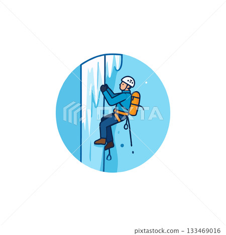 Illustrative depiction of an ice climber ascending a glacier, surrounded by a vibrant blue 133469016