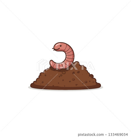 Cartoon worm emerging from a mound of soil creating a whimsical illustration for children's books 133469034