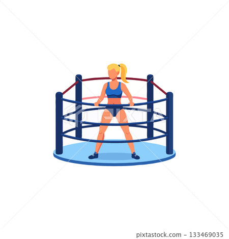 Determined athlete inside boxing ring showcases athletic readiness and intense focus before a Determined athlete inside boxing ring showcases athletic readiness and intense focus before a 133469035