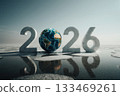 A symbolic icy landscape with the year 2026 in frosty letters and the globe as the zero, surrounded by melting ice, reflecting climate change and global warming concerns A symbolic icy landscape with the year 2026 in frosty letters and the globe as the zero, surrounded by melting ice, reflecting climate change and global warming concerns 133469261