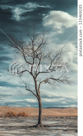 Brown dried tree on cracked soil ground terrain, water crisis on extreme summer 133469285