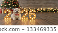 A golden lit puppy wearing a red bow tie sits between illuminated marquee digits 2026 in a festive room with a decorated tree and bokeh lights, warm holiday charm meets fluffy joy 133469335