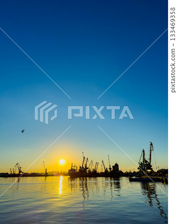 Golden sunset over a bustling harbor with cranes silhouetted against the clear blue sky and reflections on calm water Golden sunset over a bustling harbor with cranes silhouetted against the clear blue sky and reflections on calm water 133469358