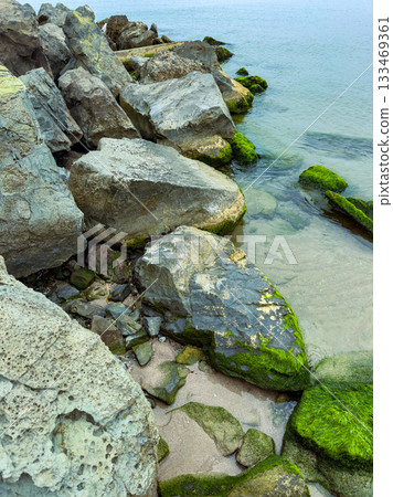 Rocky shoreline with green moss and calm waters under a clear sky at midday Rocky shoreline with green moss and calm waters under a clear sky at midday 133469361