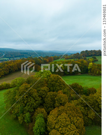 Vibrant autumn landscape unfolds across rolling hills and lush forests beneath a cloudy sky in a rural countryside setting 133469881