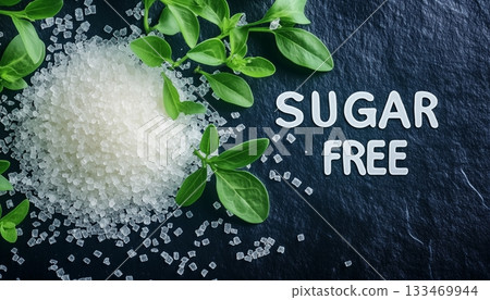 Natural sweetener stevia sugar grain pile from plant healthy ingredient Natural sweetener stevia sugar grain pile from plant healthy ingredient 133469944