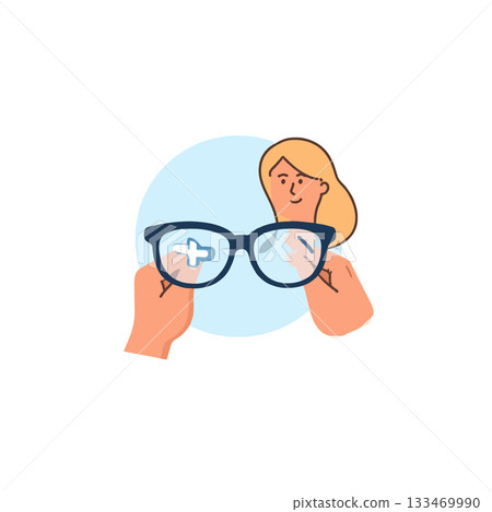 Illustration depicting eye care and vision with a woman holding glasses for visual correction and 133469990