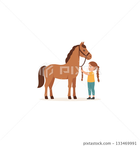 Young girl with pony tail gently holds the rein of her chestnut horse isolated on white background Young girl with pony tail gently holds the rein of her chestnut horse isolated on white background 133469991