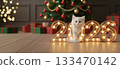 A fluffy white kitten sits inside glowing marquee numbers forming "2026" in a festive room with a Christmas tree and wrapped gifts, creating a cozy and joyful holiday vibe 133470142