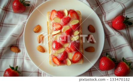 Loaf bread strawberry with butter and almond for simple breakafast on white plate 133470182