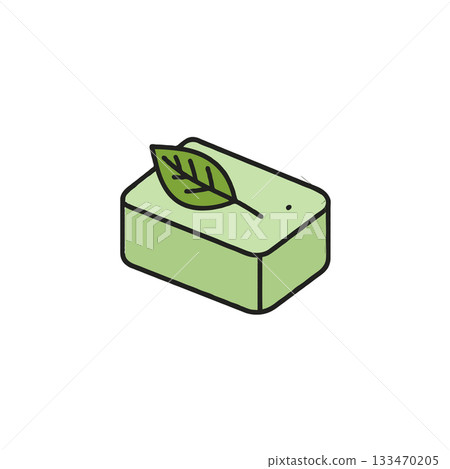Elegant illustration of organic soap bar adorned with delicate leaf promoting skincare and 133470205