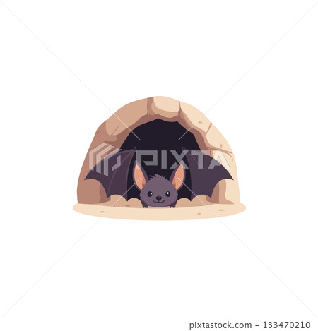 A whimsical cartoon bat emerges from a cozy stone cave at nighttime offering gentle cheerfulness A whimsical cartoon bat emerges from a cozy stone cave at nighttime offering gentle cheerfulness 133470210