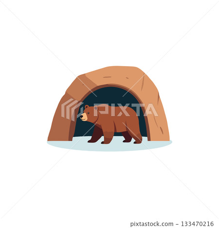 A solitary brown bear ventures from its den in the cold wilderness during springtime foraging 133470216