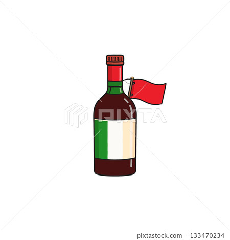 Stylized wine bottle with Italian flag tag illustration showcasing beverage representation and 133470234