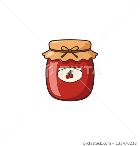 Sweet homemade cherry jam illustration in glass jar with fabric top and label for culinary 133470238
